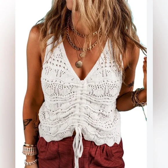 NWT JESSICA SIMPSON White Hollowed Knit V-Neck Drawstring Vest. Size: Small - Picture 4 of 8